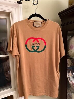 Gucci Tan Short-Sleeve Tee with Pink & Green Interlocking GG
